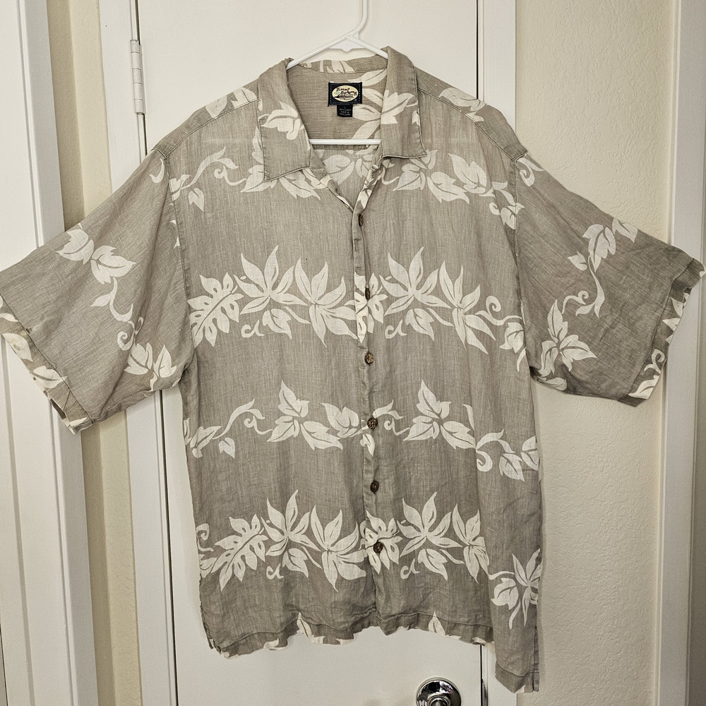 Tommy Bahama Neutral and White Floral Print Button Down Linen Shirt Size L